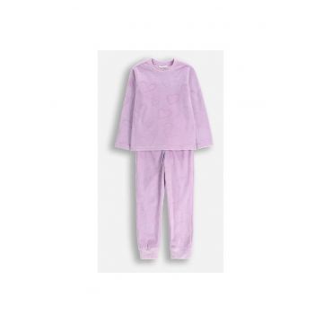 Pijama  set 2 piese - violet - cu imprimeuri inimioare - velur