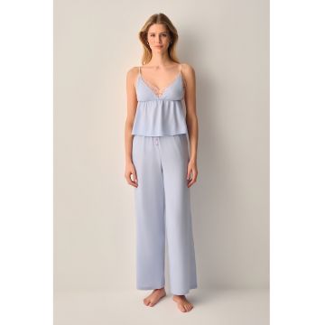Pijama uni cu insertii de dantela - Bej/Albastru azur/Roz pal