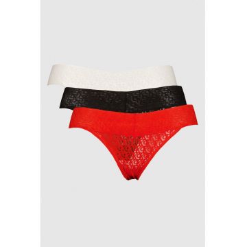 Set de chiloti din dantela cu talie joasa - 3 perechi - Alb/Negru/Coral