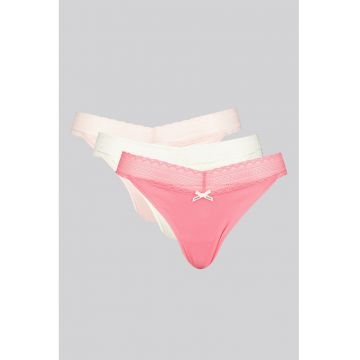 Set de chiloti tanga cu dantela - 3 perechi - Alb/Roz deschis