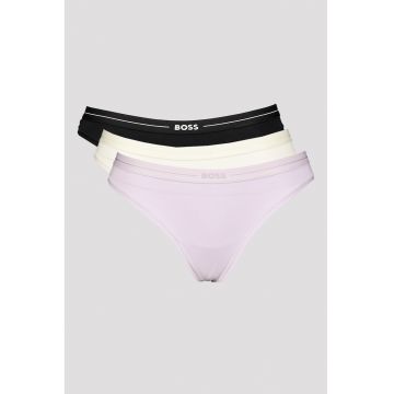 Set de chiloti tanga din amestec de bumbac - 3 perechi - Alb fildes/Negru/Lila