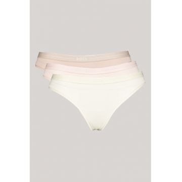 Set de chiloti tanga din amestec de bumbac - 3 perechi - Alb/Maro taupe deschis/Roz pal