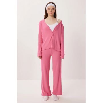 Set pijama - Happiness Istanbul - cardigan lung cu nasturi - decolteu in V - roz - bumbac