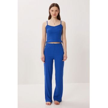 Set pijamale - Happiness Istanbul - tricotat cu decolteu in V - cu nervuri - bleumarin - bumbac-poliester -