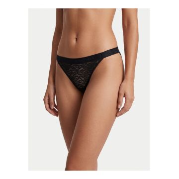 Chiloti tanga cu banda logo in talie cu model animal print - Negru