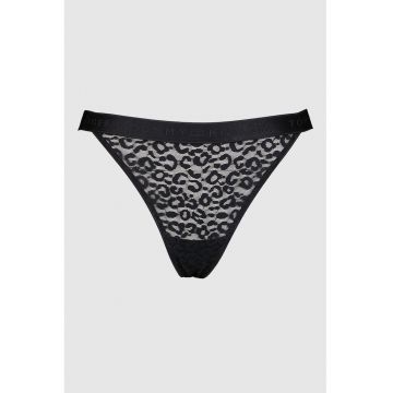 Chiloti tanga cu banda logo in talie cu model animal print - Negru