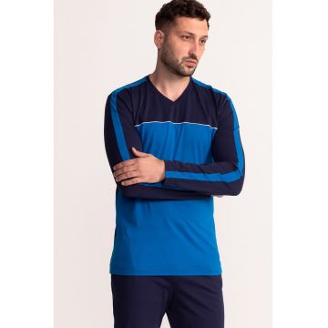 Pijama cu pantaloni lungi din bumbac si decolteu in V - Negru/Albastru