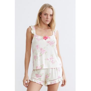 Pijama cu pantaloni scurti si imprimeu floral - Fucsia/Alb murdar