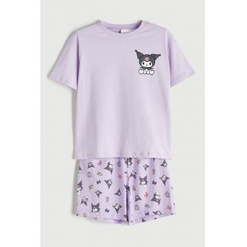 Pijama cu pantaloni scurti si imprimeu grafic - Gri carbune/Lila/Roz