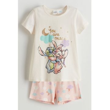 Pijama cu pantaloni scurti si imprimeu Stitch&Angel - Roz pastel/Piersica/Albastru