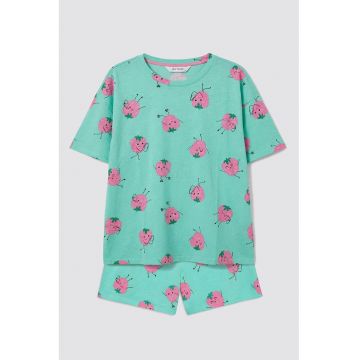 Pijama cu pantaloni scurti si model - Verde aquamarin/Roz