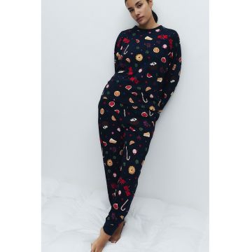 Pijama de bumbac cu model si maneci lungi - Rosu/Portocaliu/Albastru inchis
