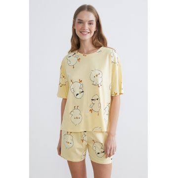 Pijama de bumbac cu pantaloni scurti si imprimeu - Negru/Galben pal