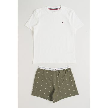 Pijama din amestec de bumbac cu pantaloni scurti - Verde masliniu/Alb optic