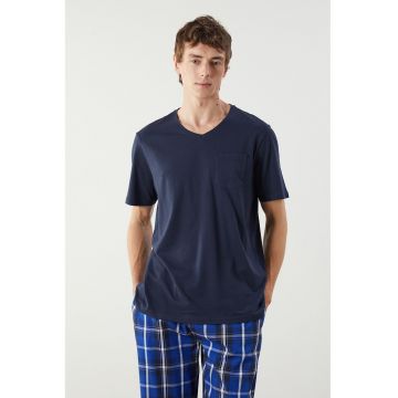 Pijama din bumbac cu pantaloni lungi si model in carouri - Albastru/Bleumarin