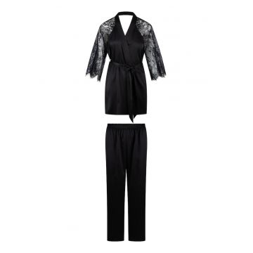 Pijama din satin cu dantela - Negru