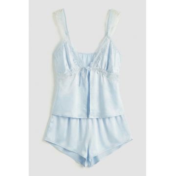 Pijama din satin cu insertii din dantela - Albastru deschis