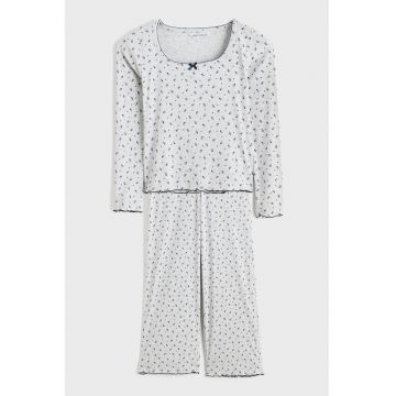 Pijama lunga cu model floral - Gri deschis/Albastru