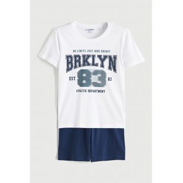 Pijama scurta din bumbac cu imprimeu text - Albastru inchis/Alb optic/Albastru petrol
