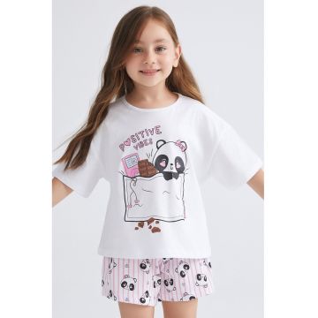 Pijama scurta din bumbac cu model - Alb murdar/Roz prafuit