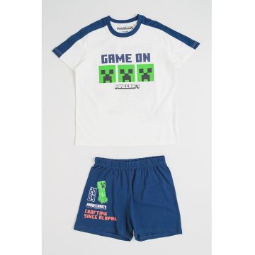 Pijama scurta din bumbac cu model Minecraft - Alb/Bleumarin