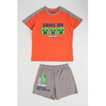 Pijama scurta din bumbac cu model Minecraft - Rosu/Maro taupe deschis