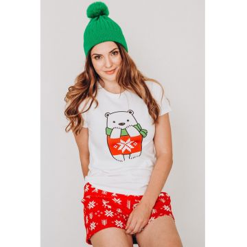 Pijama scurta din bumbac cu tematica de Craciun - Rosu/Alb