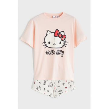 Pijama scurta din bumbac Hello Kitty - Alb/Piersica
