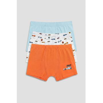 Set de boxeri cu imprimeu cu masini - 3 perechi - Albastru pastel/Portocaliu mandarina