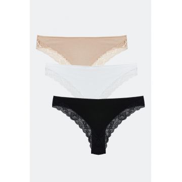 Set de chiloti brazilieni cu detalii de dantela - 3 perechi - Alb/Negru/Bej