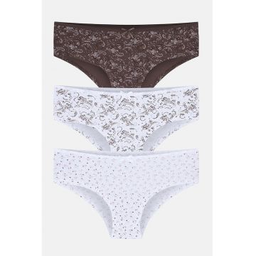 Set de chiloti hipster cu imprimeu - 3 perechi - Maro/Alb optic