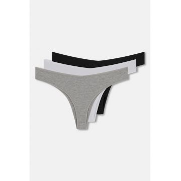 Set de chiloti tanga cu model uni - 3 perechi - Alb/Negru/Gri inchis melange