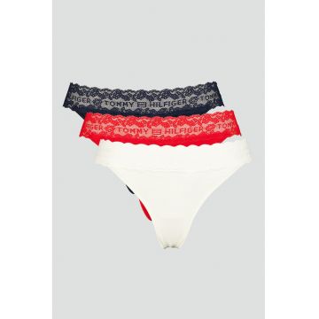 Set de chiloti tanga din amestec de bumbac - 3 perechi - Rosu/Alb/Bleumarin