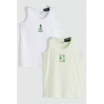 Set de top-uri din bumbac cu imprimeu Minecraft - 2 piese - Alb/Verde pal