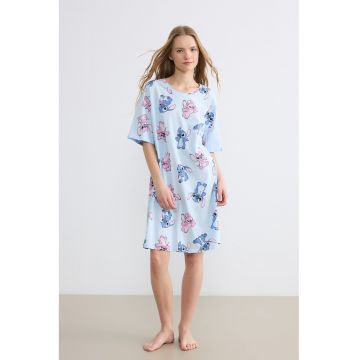 Camasa de noapte din bumbac cu imprimeu cu Stitch - Albastru pastel/Roz deschis/Albastru deschis