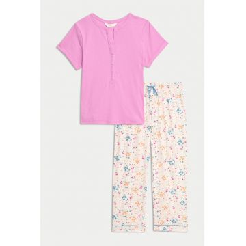 Pijama cu maneca scurta - Roz pastel/Bej/Albastru