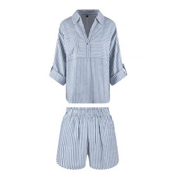 Pijama cu model in dungi si pantaloni scurti - Albastru