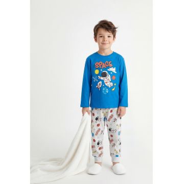 Pijama cu pantaloni lungi si model spatiu - Albastru neon/Gri deschis melange