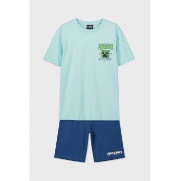 Pijama cu pantaloni scurti - imprimeu Minecraft si talie elastica - Albastru