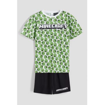Pijama cu pantaloni scurti si model tematic Minecraft - Alb/Verde/Negru