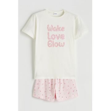 Pijama de bumbac cu cu pantaloni scurti - Alb/Roz pastel