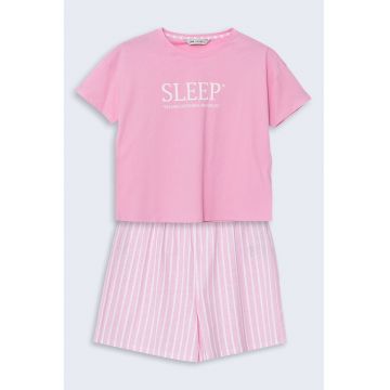 Pijama de bumbac cu maneci scurte - Roz pastel/Alb optic