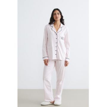 Pijama de bumbac cu pantaloni lungi si dungi - Alb fildes
