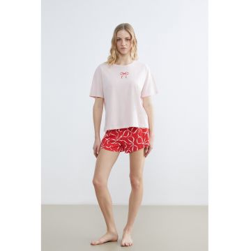 Pijama din bumbac cu imprimeu funde - Rosu/Roz pastel