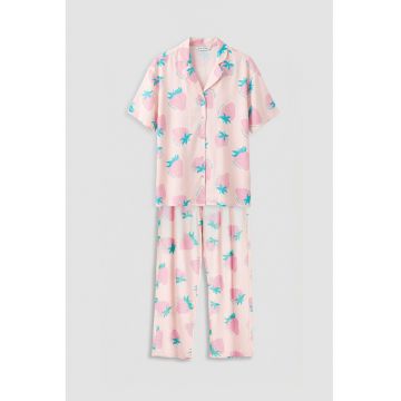 Pijama lejera din bumbac cu model cu capsuni - Roz pastel/Piersica/Verde persan