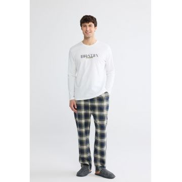 Pijama lunga cu model - Alb optic/Verde sparanghel/Bleumarin