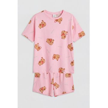 Pijama scurta cu model cu capybara - Coral/Roz deschis/Maro deschis