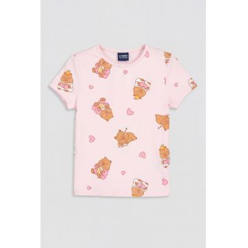 Pijama scurta cu model cu capybara - Roz pastel/Caramel