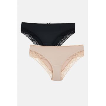Set de chiloti cu detalii de dantela - Negru/Bej