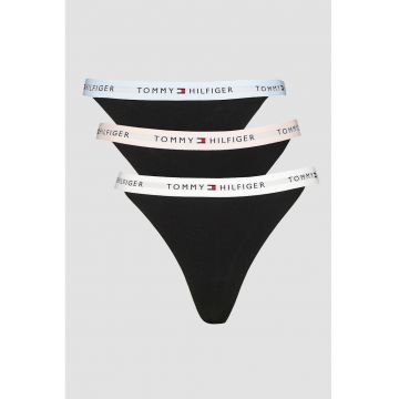 Set de chiloti tanga cu banda logo in talie - 3 perechi - Negru